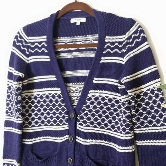Madewell Stitchway Cardigan Fair Isle Stripe Sweater size Small Blue White - Picture 3 of 5